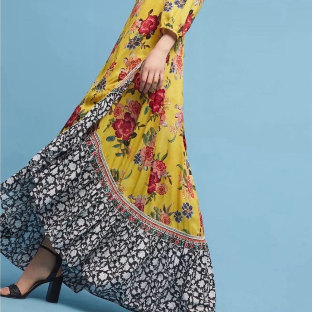 Farm Rio Anthropologie Floral Yellow Maxi Ruffle Dress